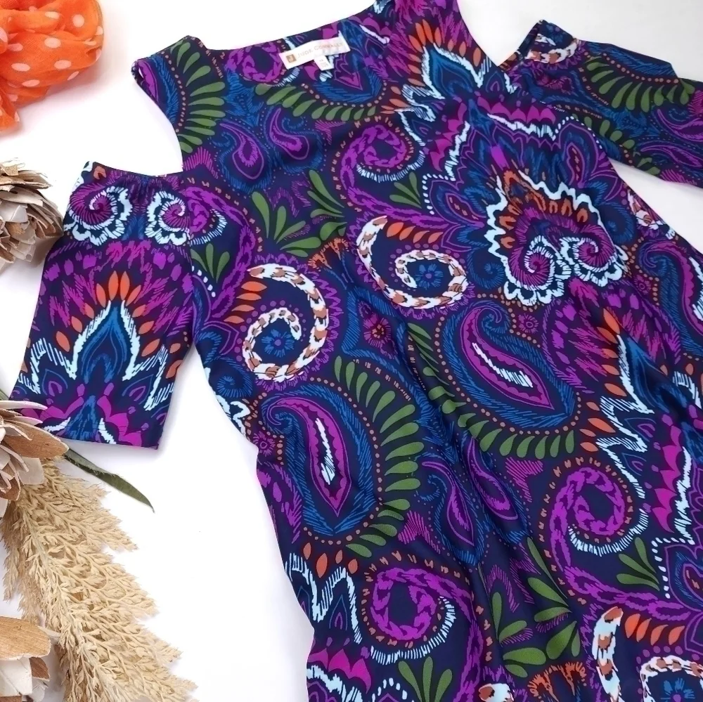 New Jude Connally Anthropologie Purple Blue Cold Shoulder Dress Sz Xs - Picture 5 of 13